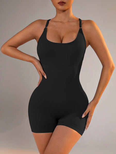 Elosung Size M Black Nylon Seamless Yoga Bodysuit Women's Athletic Romper Crisscross Back Workout Jumpsuit Tracksuits & Sets