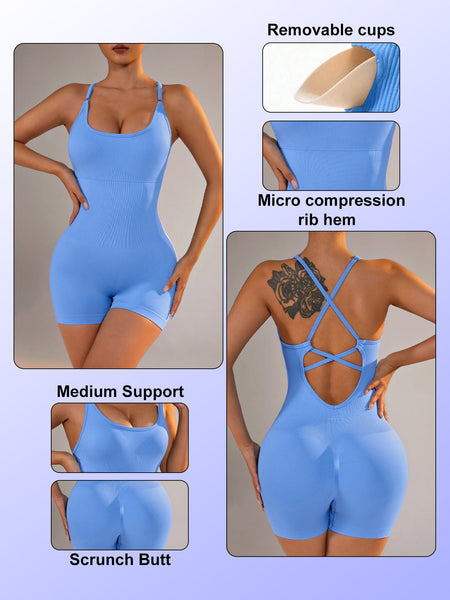 Size M Light Blue Nylon Seamless Yoga Bodysuit Women's Athletic Romper Crisscross Back Workout Jumpsuit Tracksuits & Sets