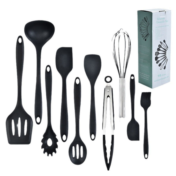 Black 10 Piece Premium Silicone Kitchen Utensil Set Heat Resistant Non Stick Cookware Cooking Utensils