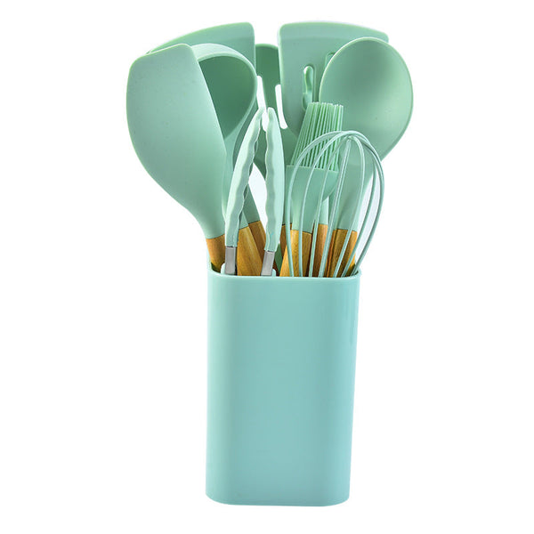 Green 12 Piece Silicone Kitchen Utensil Set With Beechwood Handles Holder Cooking Utensils