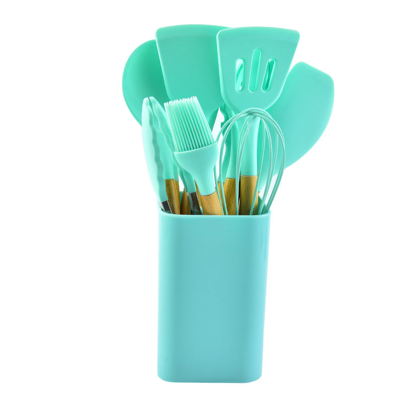 Light Green 12 Piece Silicone Kitchen Utensil Set With Beechwood Handles Holder Cooking Utensils