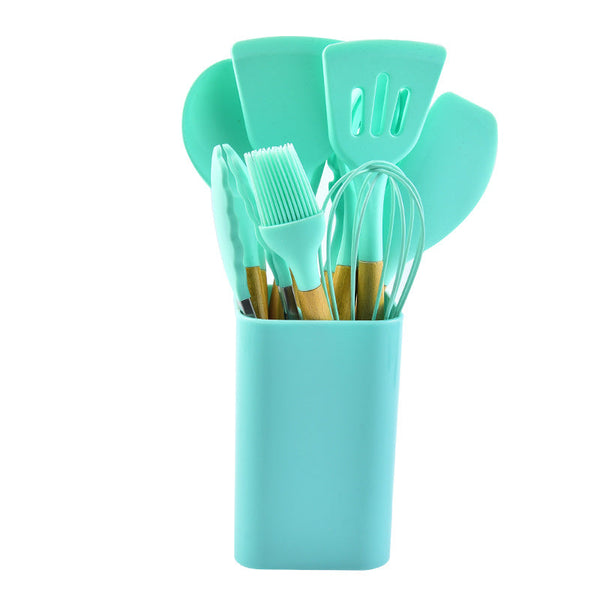 Light Green 12 Piece Silicone Kitchen Utensil Set With Beechwood Handles Holder Cooking Utensils