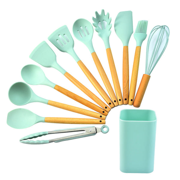 Light Green 12 Piece Silicone Kitchen Utensil Set With Beechwood Handles Holder Cooking Utensils