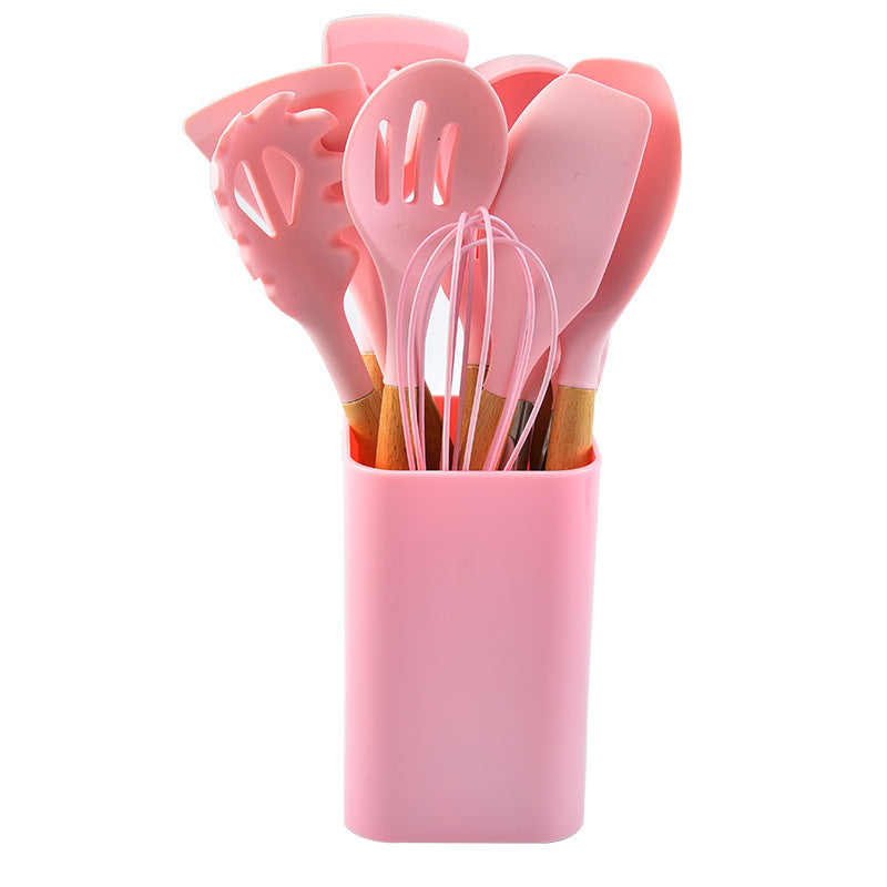 12 Piece Silicone Kitchen Utensil Set With Beechwood Handles Holder Pink Cooking Utensils