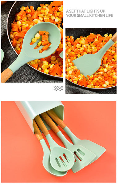 12 Piece Silicone Kitchen Utensil Set With Beechwood Handles Holder Pink Cooking Utensils