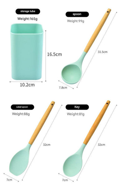 12 Piece Silicone Kitchen Utensil Set With Beechwood Handles Holder Pink Cooking Utensils