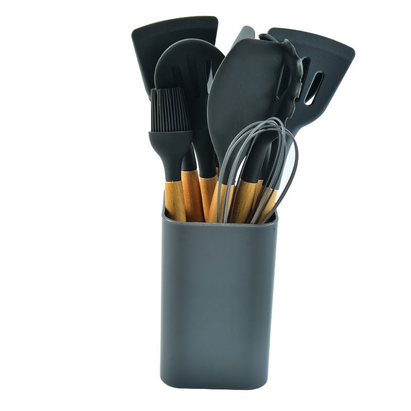 Black 12 Piece Silicone Kitchen Utensil Set With Beechwood Handles & Holder Cooking Utensils