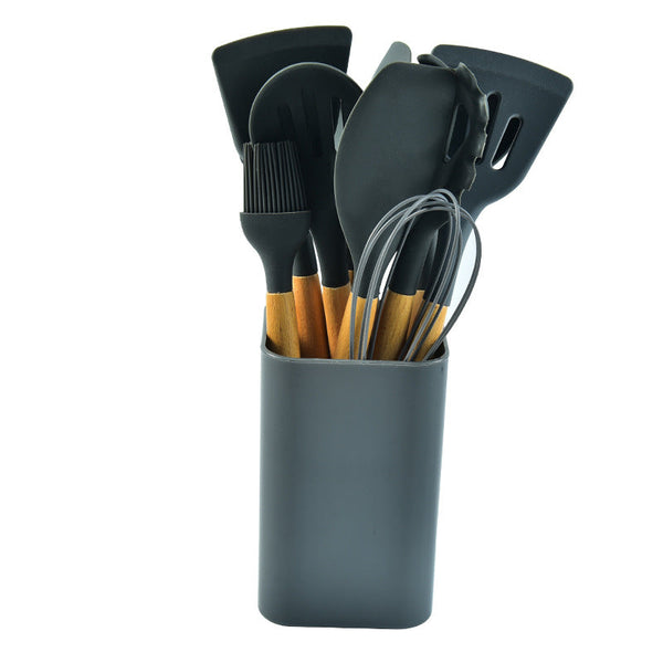 Black 12 Piece Silicone Kitchen Utensil Set With Beechwood Handles & Holder Cooking Utensils