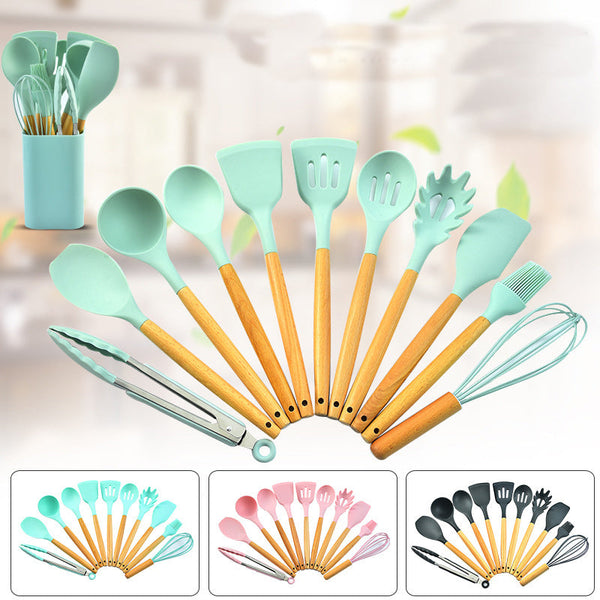 Black 12 Piece Silicone Kitchen Utensil Set With Beechwood Handles & Holder Cooking Utensils