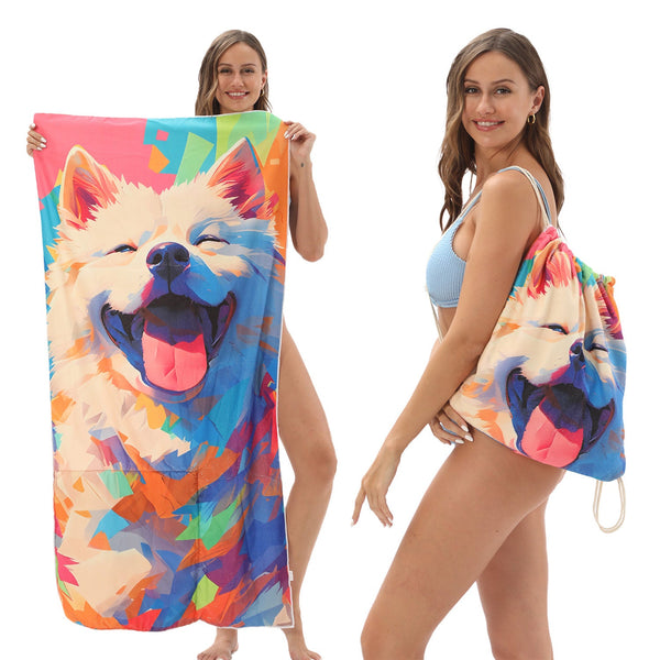 Colourful Dog Pattern 2 In 1 Foldable Beach Towel Backpack Microfiber Travel Set Is Concise Gym Towels