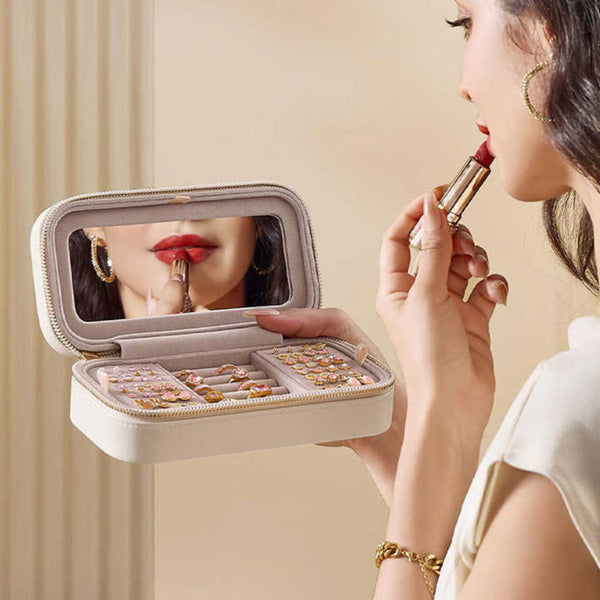 Veile Studios White Dual Zipper Portable Jewelry Box With Mirror Travel Organizer Jewellery Holders & Organisers