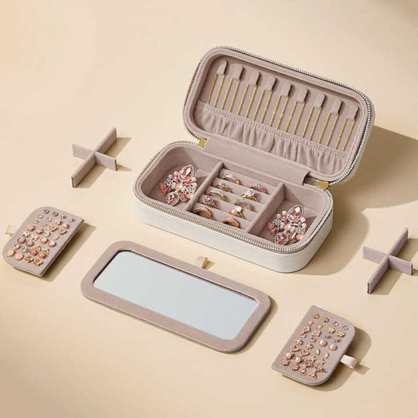 Veile Studios White Dual Zipper Portable Jewelry Box With Mirror Travel Organizer Jewellery Holders & Organisers