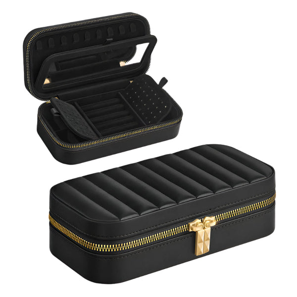 Veile Studios Black Dual Zipper Jewelry Box With Mirror Travel Organizer For Accessories Jewellery Holders & Organisers