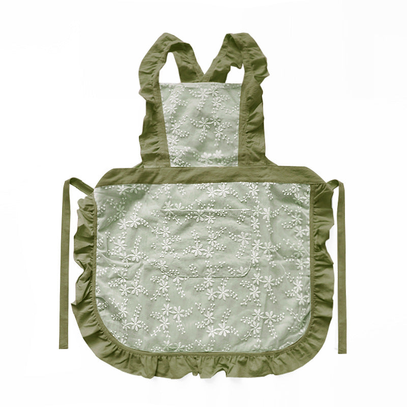 Green Ruffled Kitchen Apron With Floral Lace Comfortable Baking & Crafting Aprons