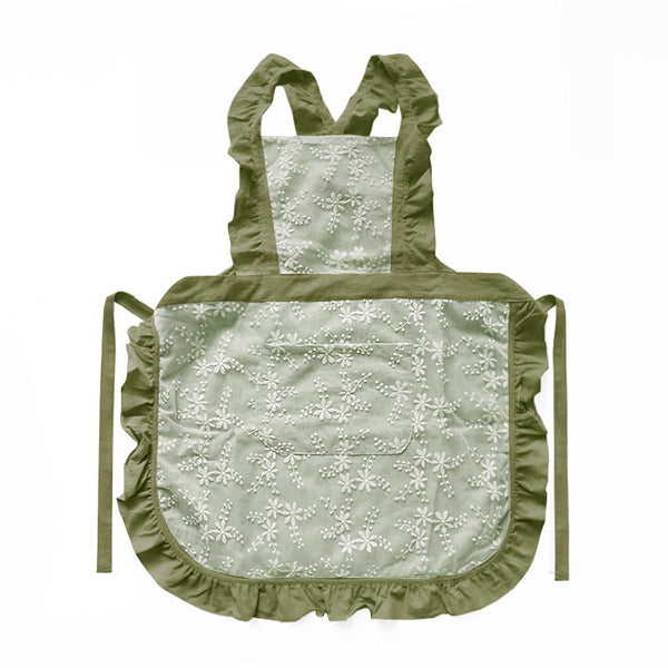 Green Ruffled Kitchen Apron With Floral Lace Comfortable Baking & Crafting Aprons