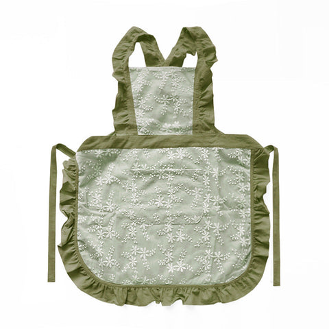 Green Ruffled Kitchen Apron With Floral Lace Comfortable Baking & Crafting Aprons