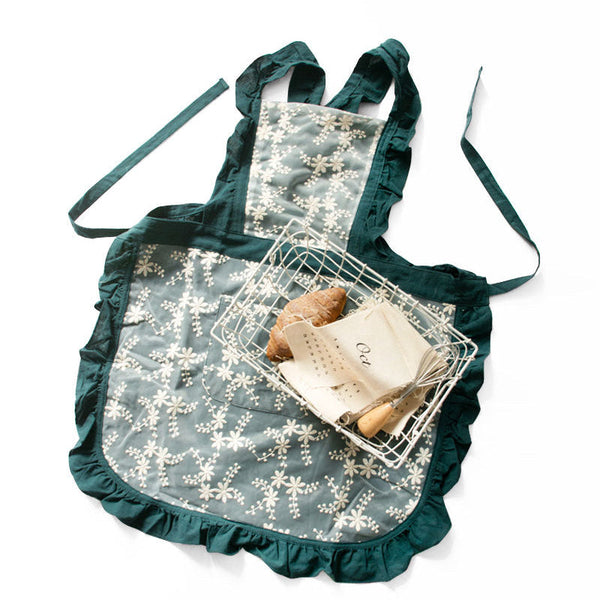 Green Ruffled Kitchen Apron With Floral Lace Comfortable Baking & Crafting Aprons