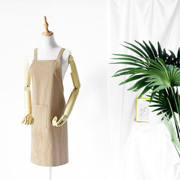 Khaki Cotton Linen H Back Apron Solid Color Kitchen Cooking With Pocket Aprons