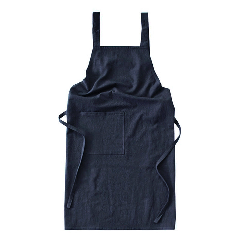 Navy Blue Cotton Linen H Back Apron Solid Color Kitchen Cooking With Pocket Aprons