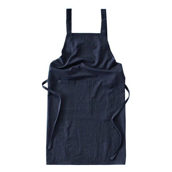 Navy Blue Cotton Linen H Back Apron Solid Color Kitchen Cooking With Pocket Aprons