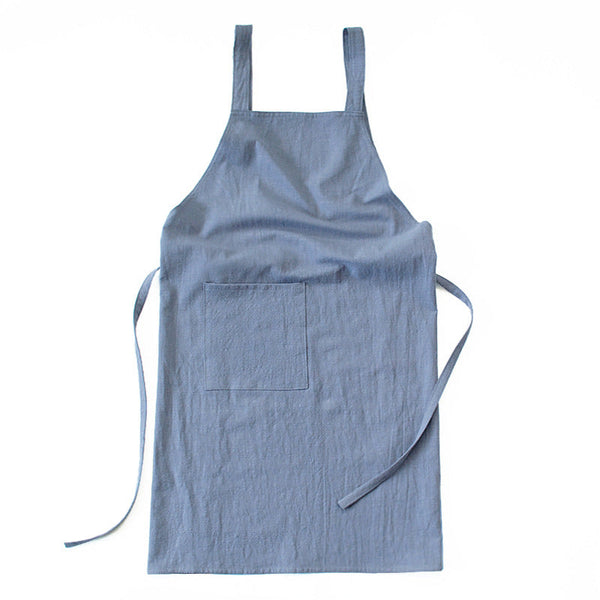 Blue Cotton Linen H Back Apron Solid Color Kitchen Cooking With Pocket Aprons