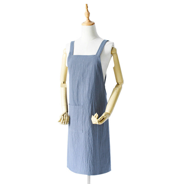 Blue Cotton Linen H Back Apron Solid Color Kitchen Cooking With Pocket Aprons