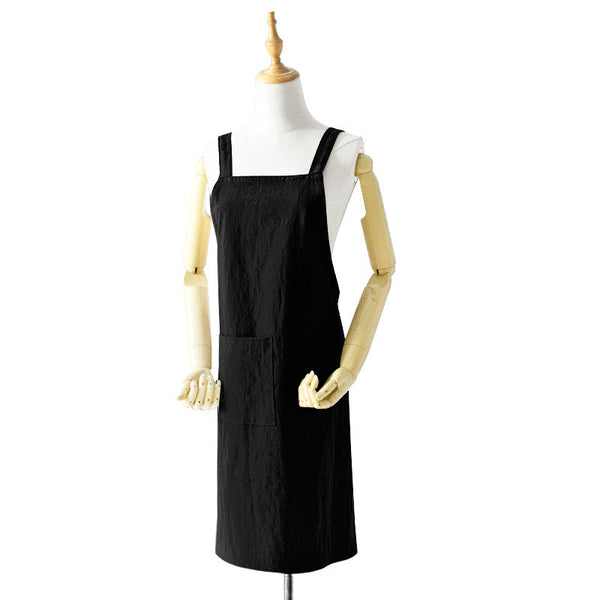 Black Cotton Linen Back Apron Solid Color Kitchen Cooking With Pocket Aprons