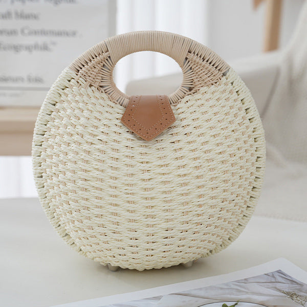 Boho Circle Straw Bag Stylish Woven Tote With Round Handles Women's Bags & Handbags