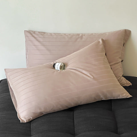 Elosung Light Brown Wide Stripes Long Staple Cotton Sateen Pillowcase Set Jacquard Striped 48X74cm Pair Pillow Cases