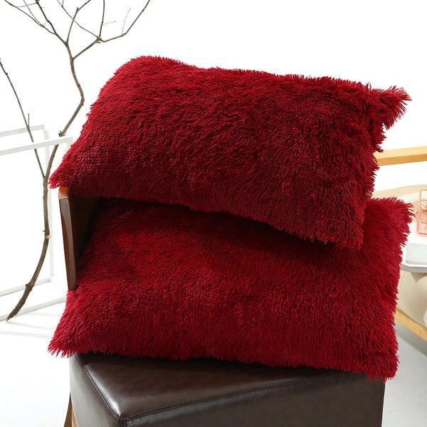 Claret Faux Fur Pillowcase Set Crystal Velvet Plush Throw Covers Accent 50X70cm Pair Cushion Covers