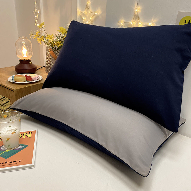 Elosung Navy And Grey Washed Cotton Pillowcase Set Simple Two Tone Design 48X74cm Pair Pillow Cases