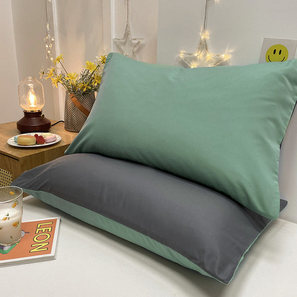Elosung Green And Grey Washed Cotton Pillowcase Set Solid Color Simple Two Tone Design 48X74cm Pair Pillow Cases