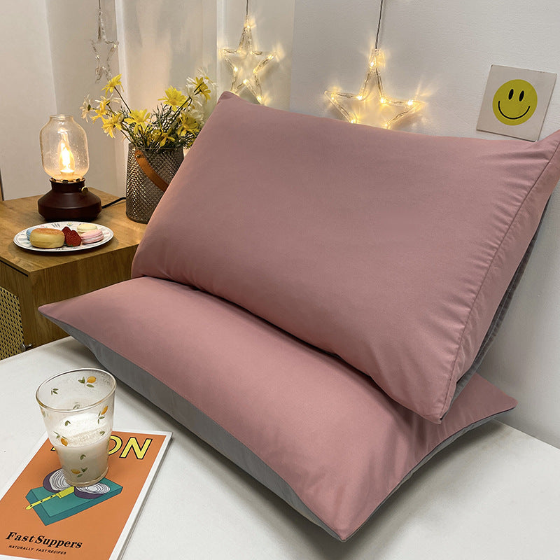 Elosung Pink And Grey Washed Cotton Pillowcase Set Solid Color Simple Two Tone Design 48X74cm Pair Pillow Cases