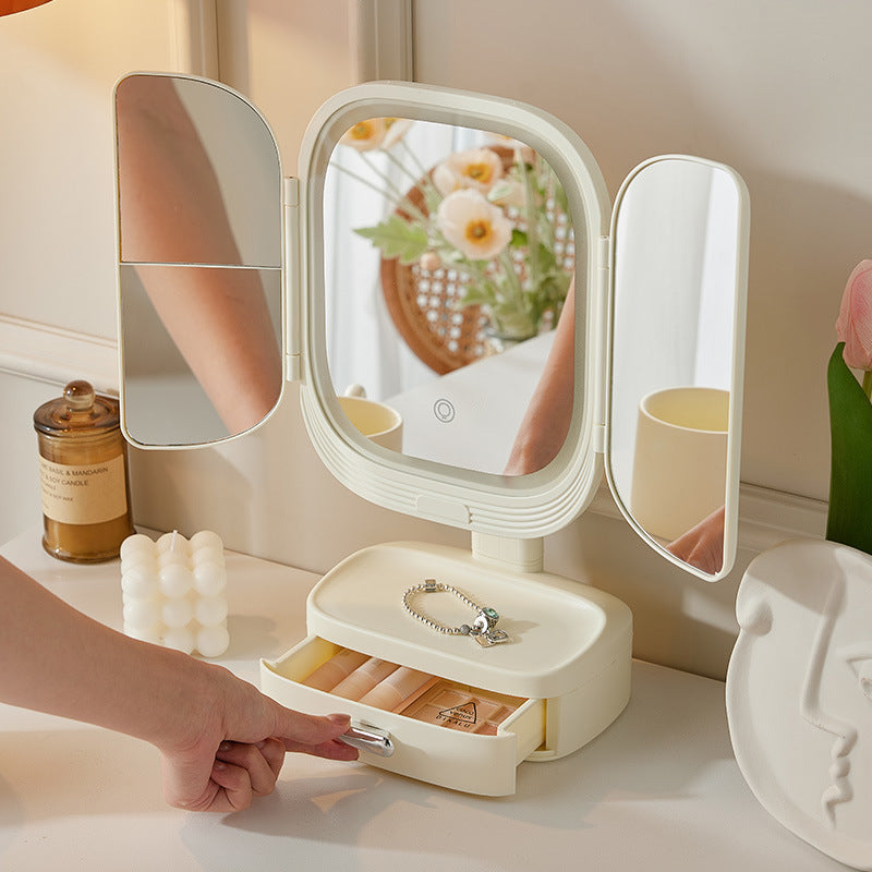 Elosung Milky White Led Lighted Tri Fold Makeup Mirror With Storage Drawer Magnification Usb Charging Port Makeup Mirrors