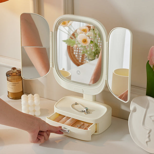 Elosung Milky White Led Lighted Tri Fold Makeup Mirror With Storage Drawer Magnification Usb Charging Port Makeup Mirrors