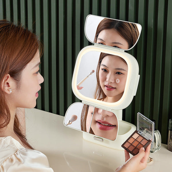 Elosung Milky White Led Lighted Tri Fold Makeup Mirror With Storage Drawer Magnification Usb Charging Port Makeup Mirrors