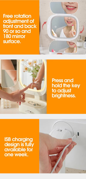 Elosung Milky White Led Lighted Tri Fold Makeup Mirror With Storage Drawer Magnification Usb Charging Port Makeup Mirrors