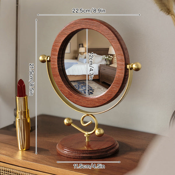 Gold And Brown Vintage Solid Wood Makeup Mirror 360A Rotating Desktop Vanity Makeup Mirrors
