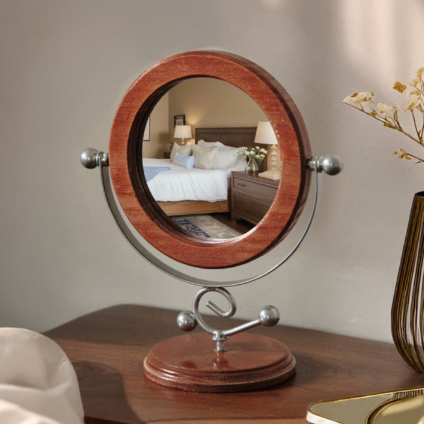 Gold And Brown Vintage Solid Wood Makeup Mirror 360A Rotating Desktop Vanity Makeup Mirrors