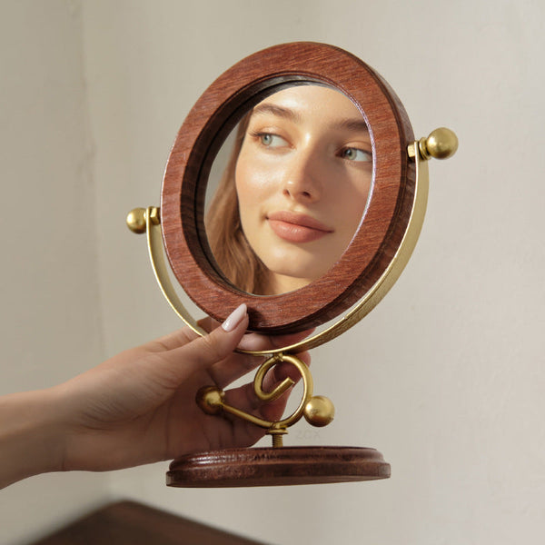 Gold And Brown Vintage Solid Wood Makeup Mirror 360A Rotating Desktop Vanity Makeup Mirrors