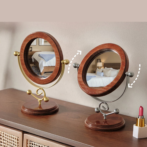 Gold And Brown Vintage Solid Wood Makeup Mirror 360A Rotating Desktop Vanity Makeup Mirrors