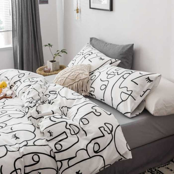 Face Line Graffiti Pattern 3 Piece Polyester Duvet Cover Set With 2 Pcs Pillowcases Double Bed Quilts