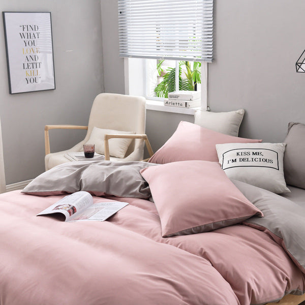 Elosung Gray And Pink Stitching Ultra Soft Solid Color 4 Piece Bedding Set Queen Size(Suitable For 2M Bed) Queen Doonas