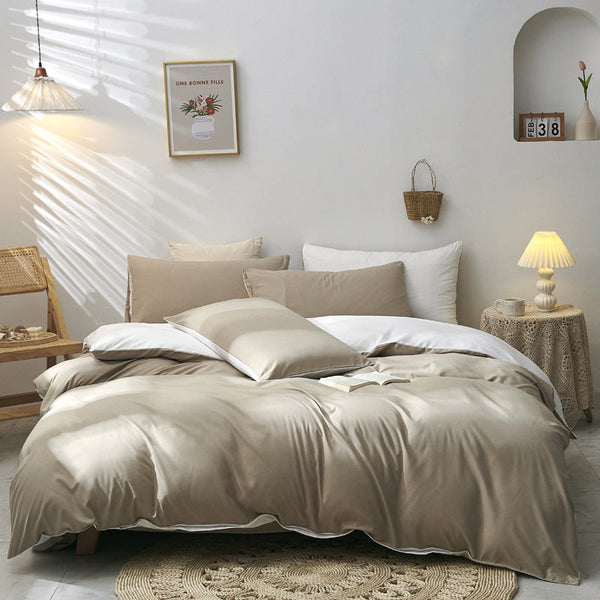 Elosung Light Brown And White Stitching Ultra Soft Solid Color 4 Piece Bedding Set Queen Size Queen Doonas