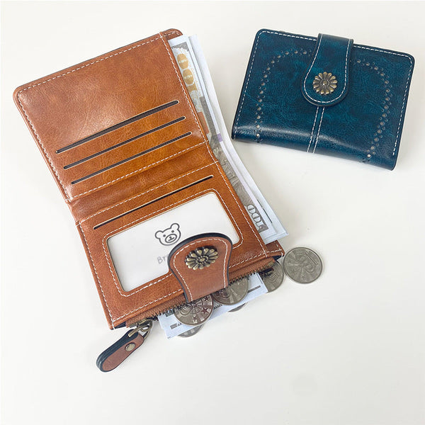 Elosung Pea Blue Pu Leather Women's Short Wallet Elegant Zipper Coin Pocket Multi Function Card Holder Wallets