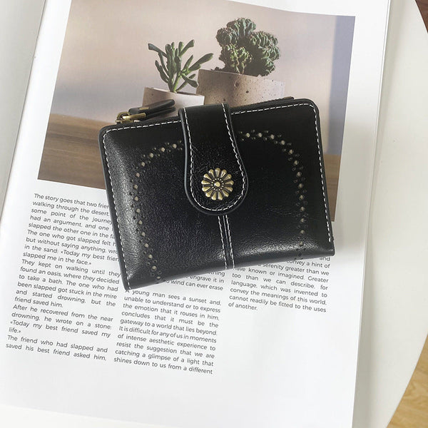 Elosung Black Pu Leather Women's Short Wallet Elegant Zipper Coin Pocket Multi Function Card Holder Wallets