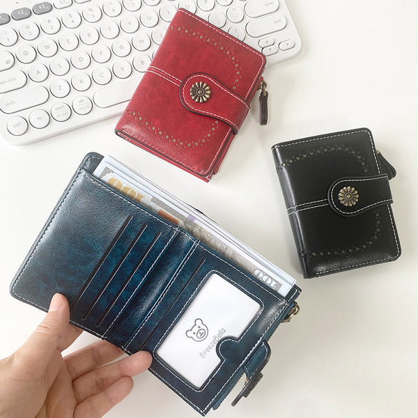 Elosung Black Pu Leather Women's Short Wallet Elegant Zipper Coin Pocket Multi Function Card Holder Wallets