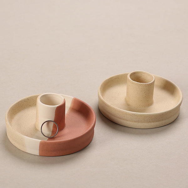 Veile Studios 1 Sets Of 2 Pcs Light Yellow Oval Bottom Nordic Ceramic Candle Holder With Jewelry Dish Elegant Minimalist Home Decor Piece Jewellery Ho