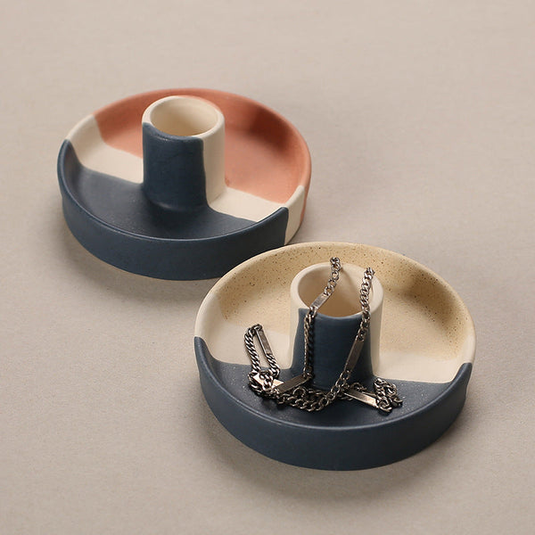 Veile Studios 2 Pcs Dark Blue Oval Bottom Nordic Ceramic Candle Holder With Jewelry Dish Jewellery Holders & Organisers