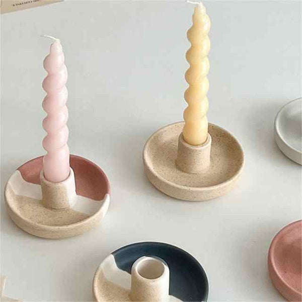 2 Pcs Blue White And Yellow Stitching Oval Bottom Nordic Ceramic Candle Holder With Jewelry Dish Candle Holders & Accessories